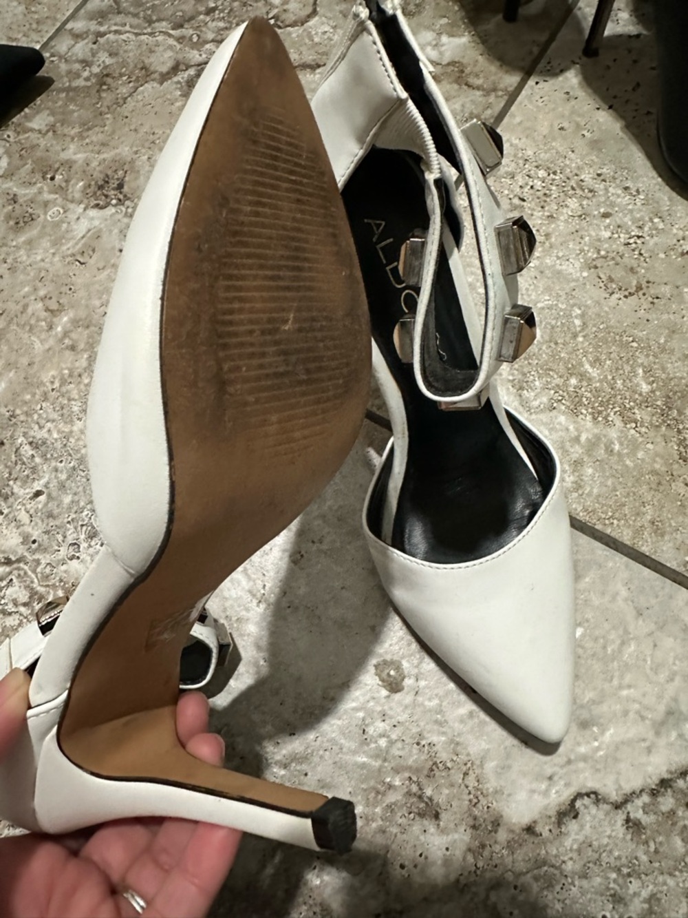 Aldo White Pointed-Toe Ankle Strap Heels with Gold Stud Detail - Picture 4 of 6